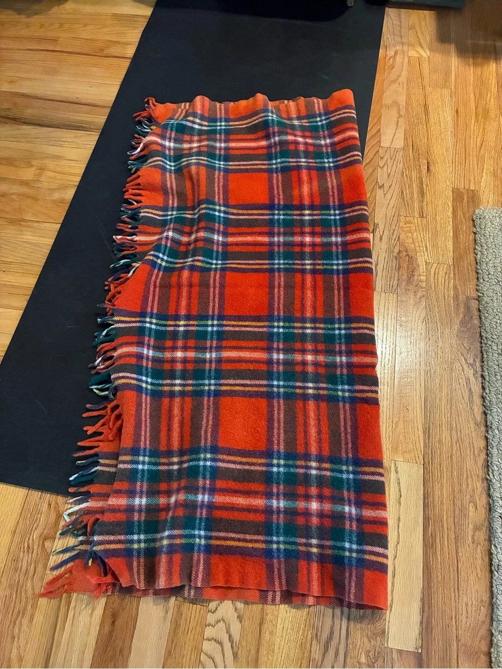 Plaid Stadium Blanket Tartan 100% Wool Blanket /Scarf W/ Fringe Red/ Blue Plaid